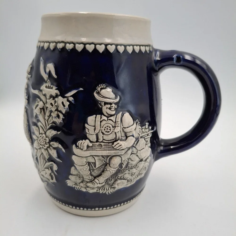 Vintage Western Germany Beer Stein Mug Blue Glaze 3613 Accordion Dancer Edelweis